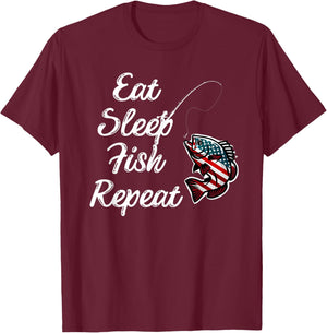 Eat Sleep Fish Repeat fish adorned in the American flag T-Shirt - T-Shirt | Maroon