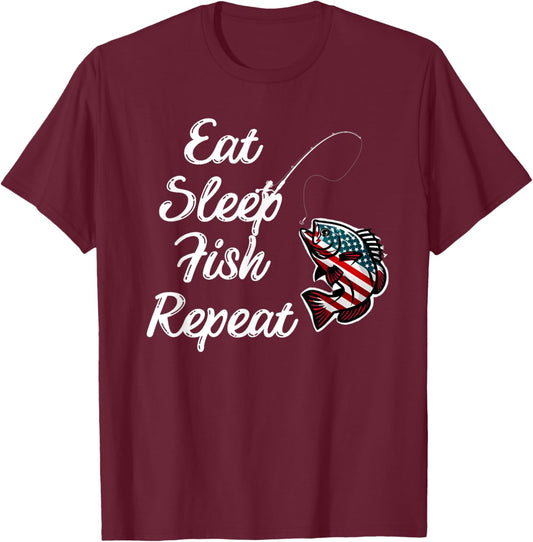 Eat Sleep Fish Repeat fish adorned in the American flag T-Shirt - T-Shirt | Maroon