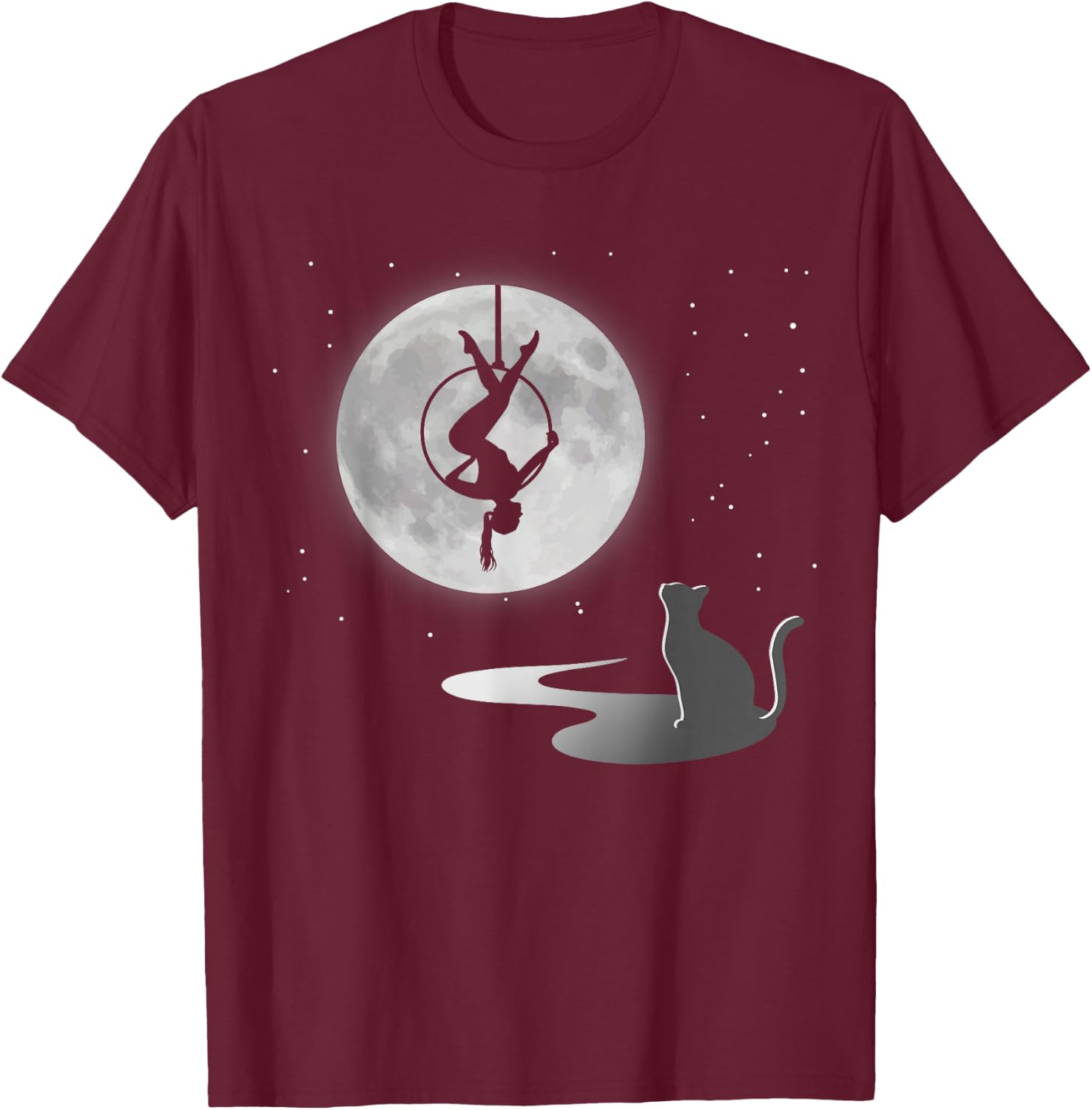 Fly Aerial Yoga Hoop Lyra, Stars Moon Cat Lover, Novelty T-Shirt - T-Shirt | Maroon