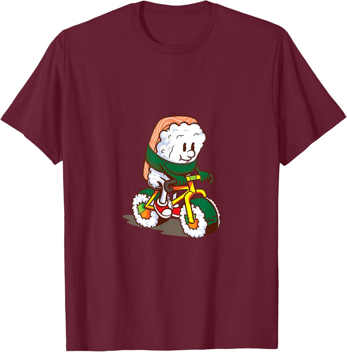 Cute Japanese Bicycle Sushi Salmon Asian Kitchen Food T-Shirt - T-Shirt | Maroon