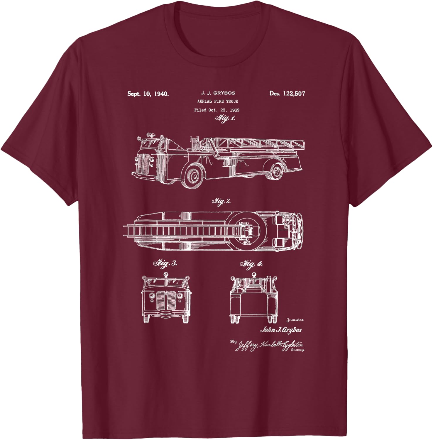 Vintage Patent Fire Truck Retro Blueprint Firefighter Gift T-Shirt - T-Shirt | Maroon