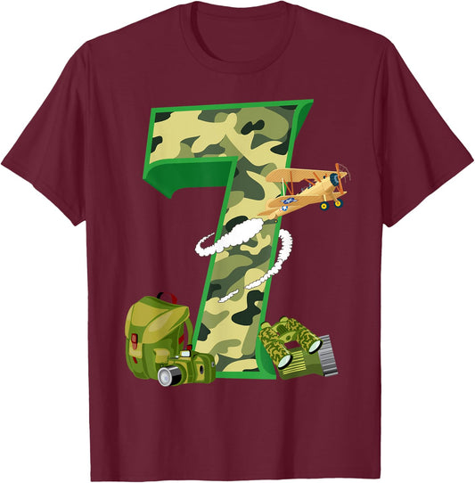 Funny Camouflage 7th Birthday Gift Boys Girls Cool Army T-Shirt - T-Shirt | Maroon