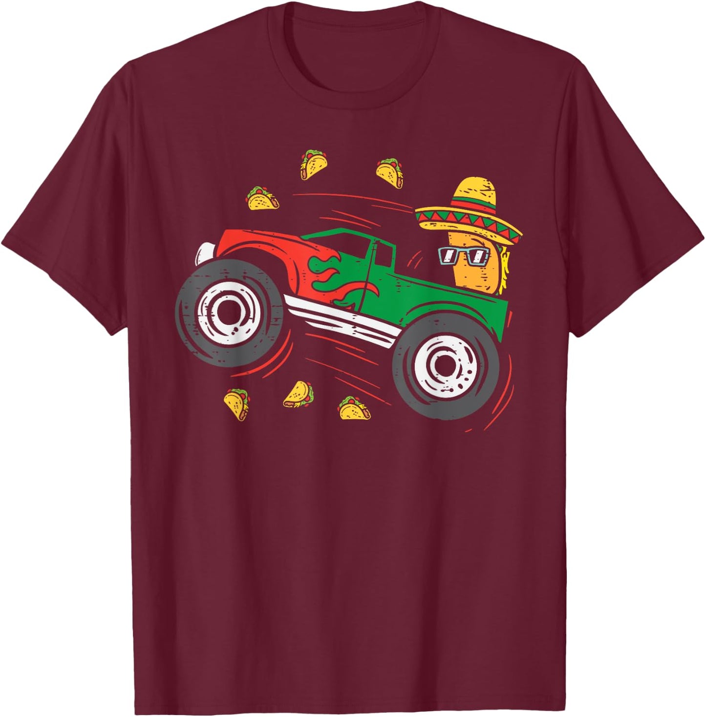Tacos Riding Mexican Monster Truck Cinco De Mayo Kids Boys T-Shirt - T-Shirt | Maroon