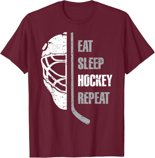 Eat Sleep Hockey Repeat Christmas For Teen Adult Hockey T-Shirt - T-Shirt | Maroon