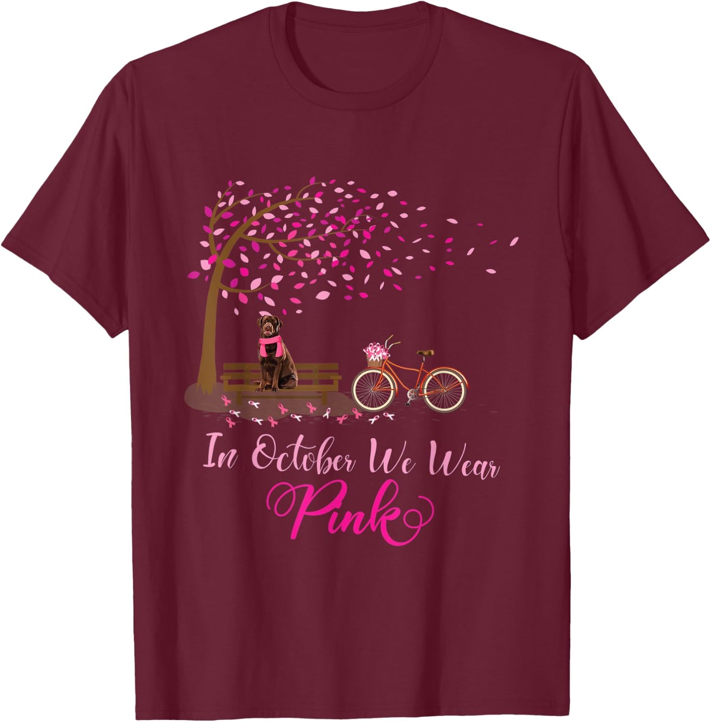 In October We Wear Pink Labrador Fall Leaves Breast Cancer T-Shirt - T-Shirt | Maroon