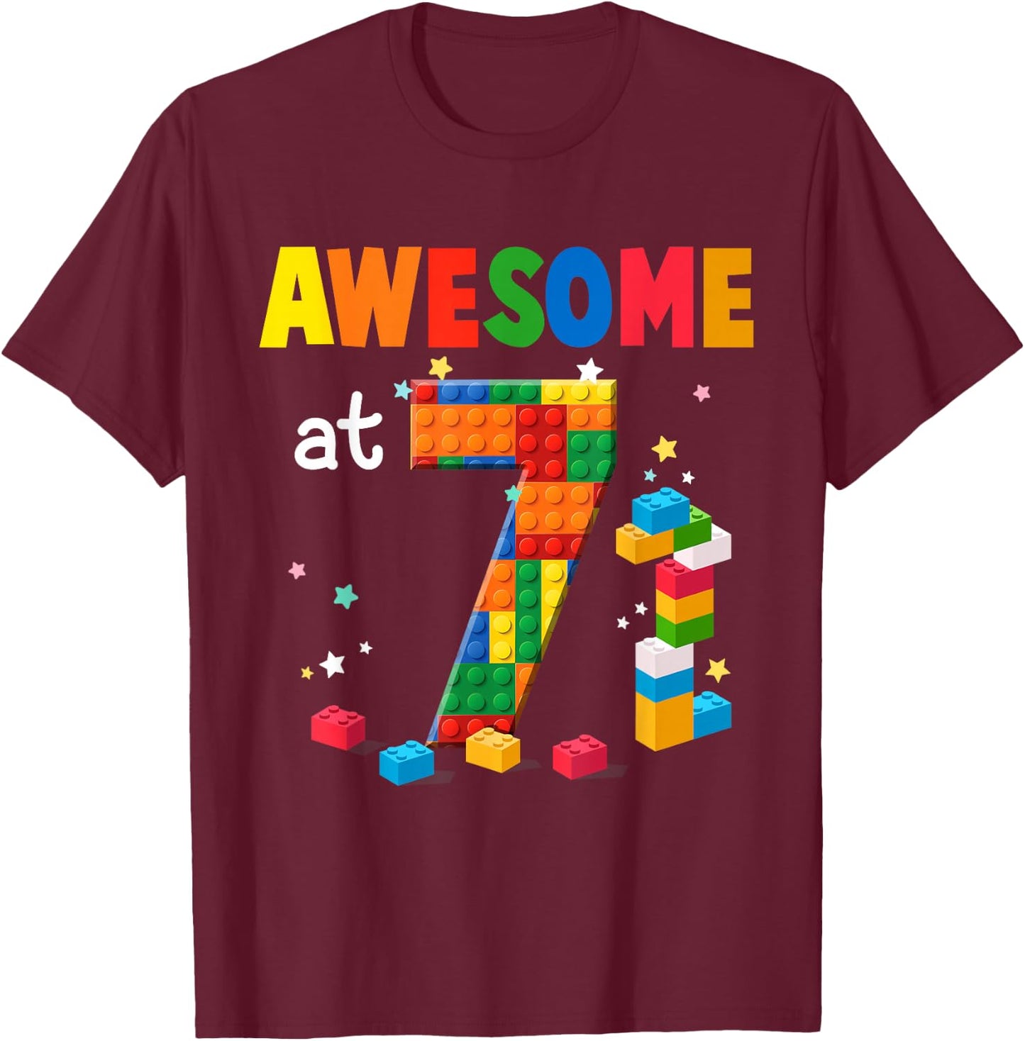Building Blocks Brick 7th Birthday Shirt 7 Year Old Boy Gift T-Shirt - T-Shirt | Maroon