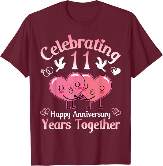 Husband Wife Celebrating 11 Years Together Happy Anniversary T-Shirt - T-Shirt | Maroon