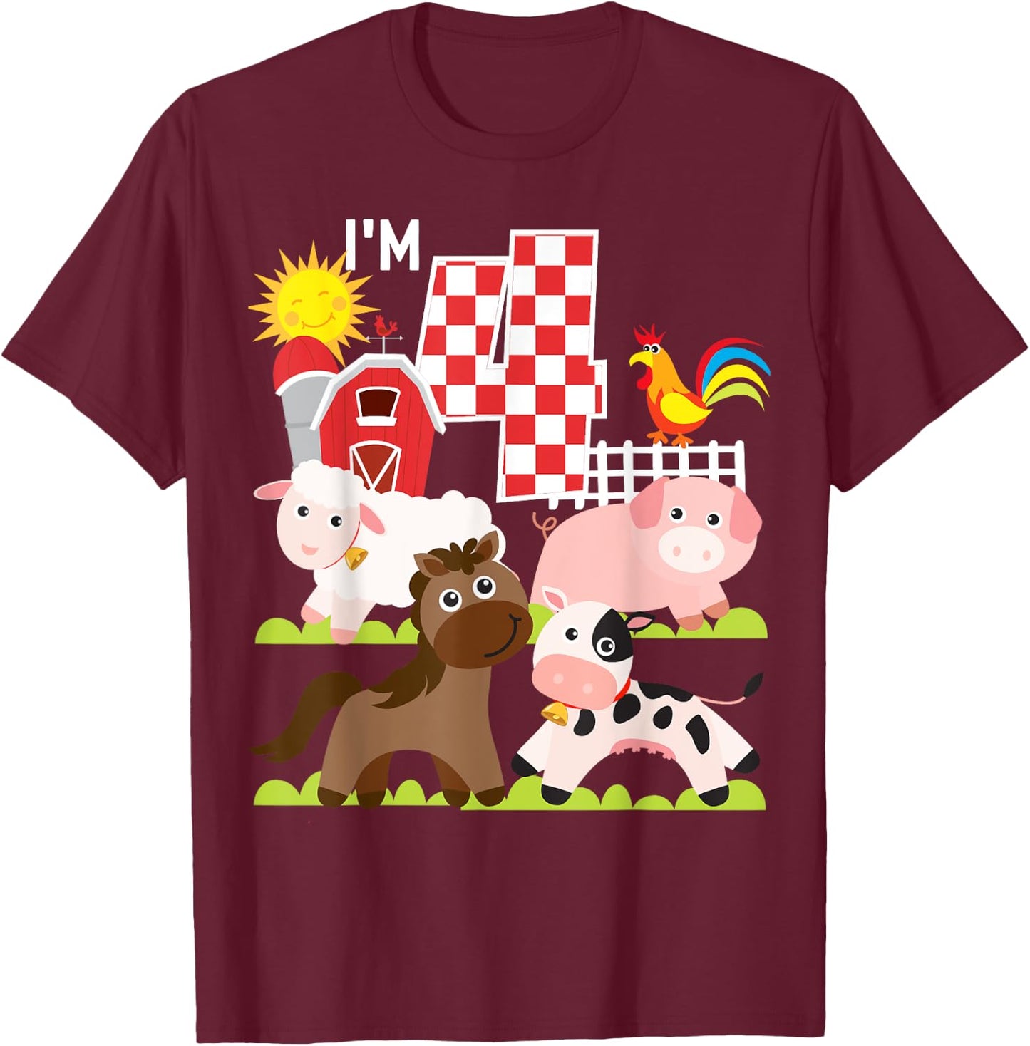 Farm Animals Barnyard 4th Birthday I'm 4 Year Old Kid T-Shirt - T-Shirt | Maroon