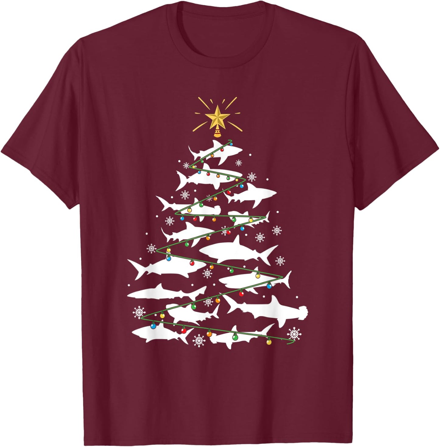 Shark Xmas Tree Holiday Gift Fishing Lover Funny Christmas T-Shirt - T-Shirt | Maroon