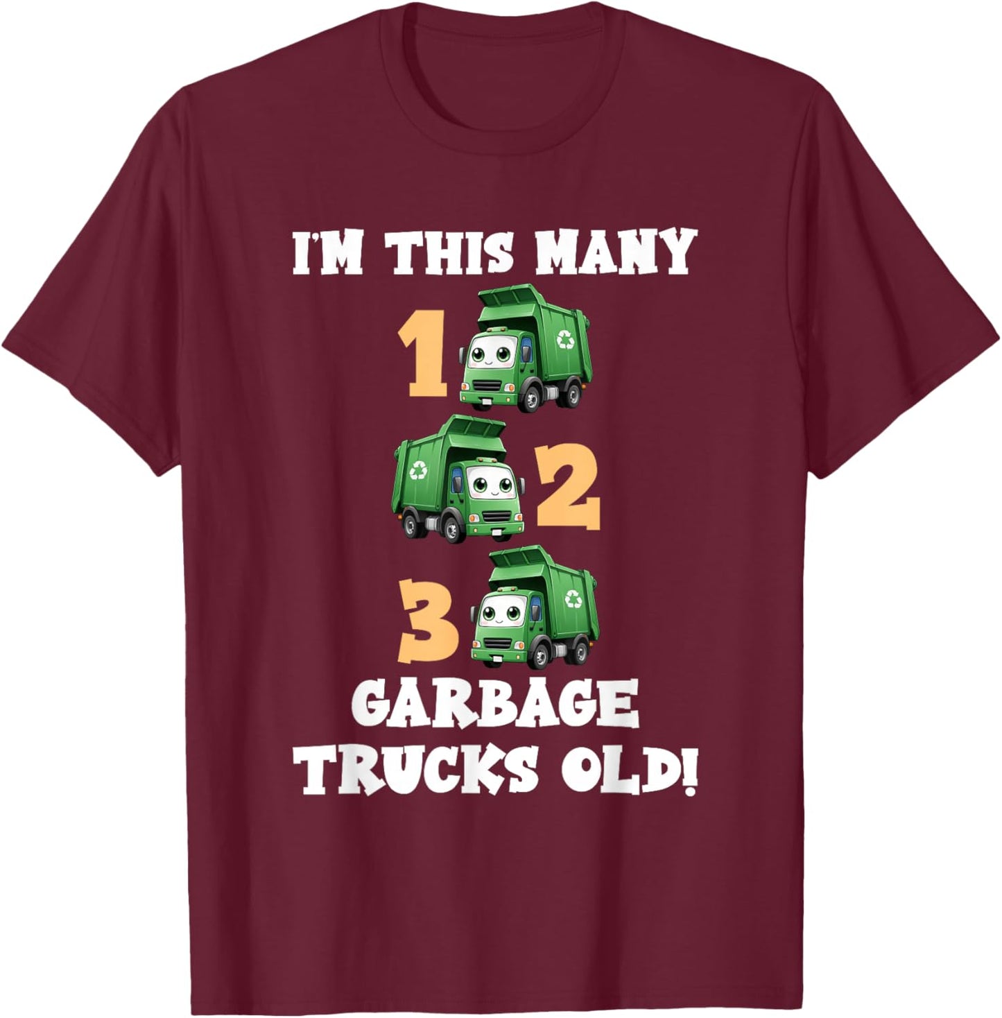 3rd Birthday Boy I'm This Many Garbage Trucks 3 Years Old T-Shirt - T-Shirt | Maroon