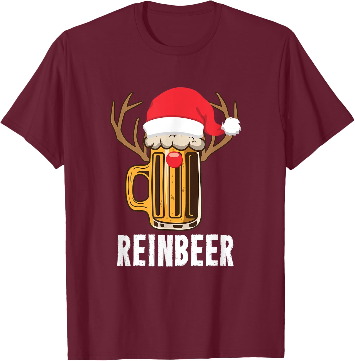 Reinbeer Santa Beer Lover Reindeer Pun Christmas Drinking T-Shirt - T-Shirt | Maroon