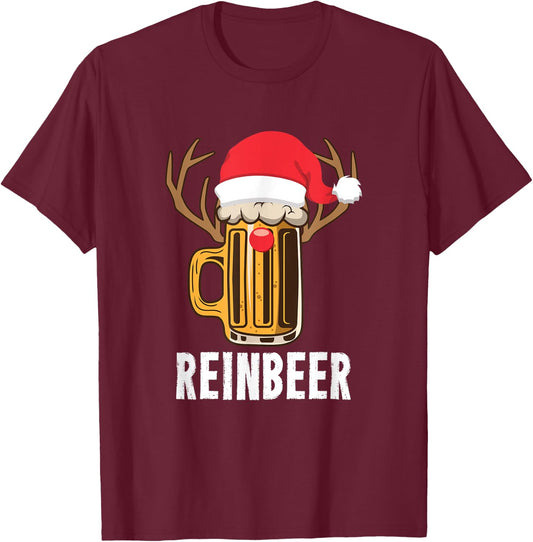 Reinbeer Santa Beer Lover Reindeer Pun Christmas Drinking T-Shirt - T-Shirt | Maroon