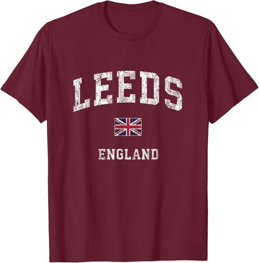 Leeds England Vintage Athletic Sports Design T-Shirt - T-Shirt | Maroon