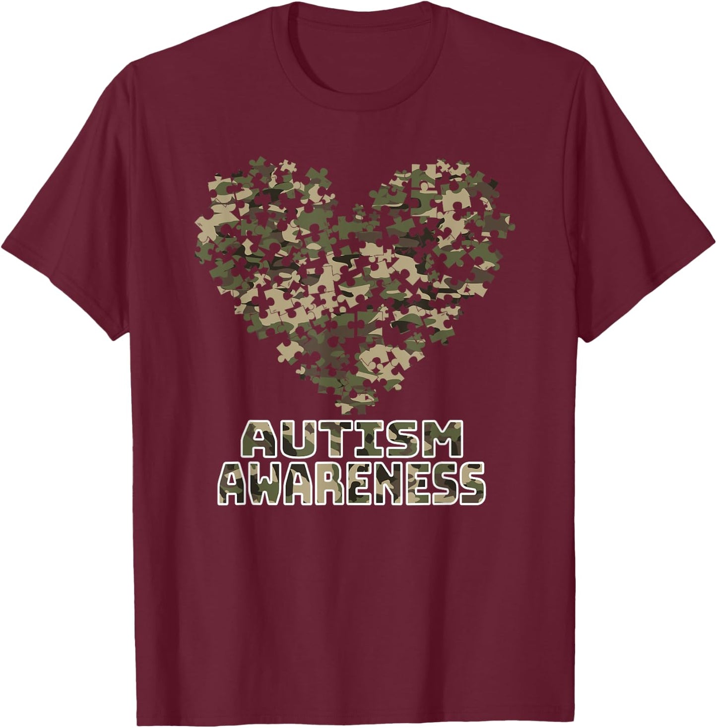 Heart Puzzle Autism Awareness Camoflauge Military Tactical T-Shirt - T-Shirt | Maroon
