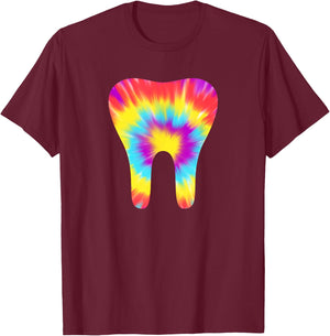Tie Dye Tooth 60s Dentist Dental Hygiene Assistant Funny T-Shirt - T-Shirt | Maroon