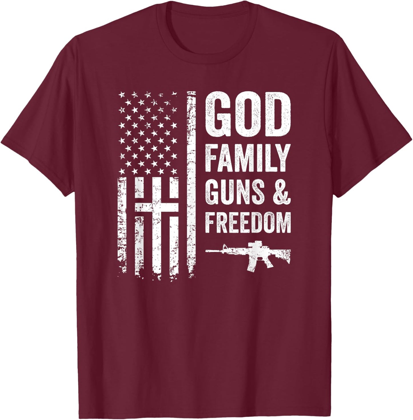 GOD FAMILY GUNS & FREEDOM - Pro God Pro Gun USA Cross Flag T-Shirt - T-Shirt | Maroon