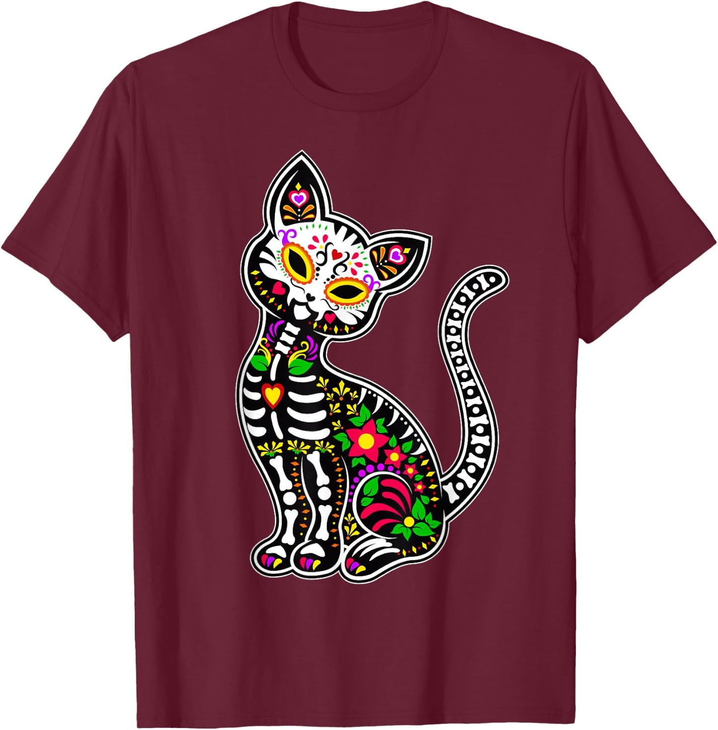 Sugar Skull Cat | Cute Dia De Los Muertos Funny Mexican Gift Women Kids T-Shirt - T-Shirt | Maroon