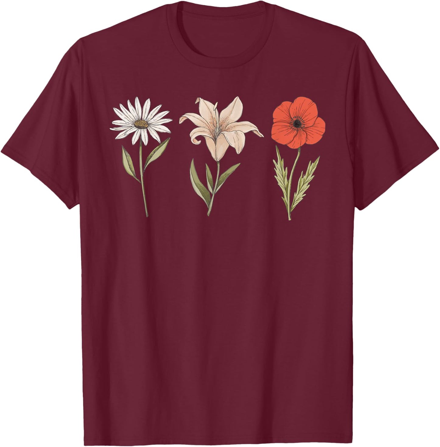Vintage Flower Drawing Lily Poppy Daisy T-Shirt - T-Shirt | Maroon