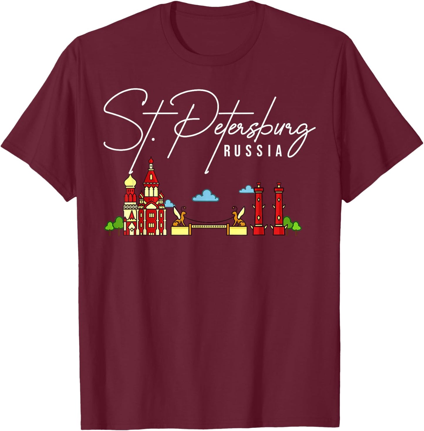 St. Petersburg Russia City Skyline Map Travel T-Shirt - T-Shirt | Maroon