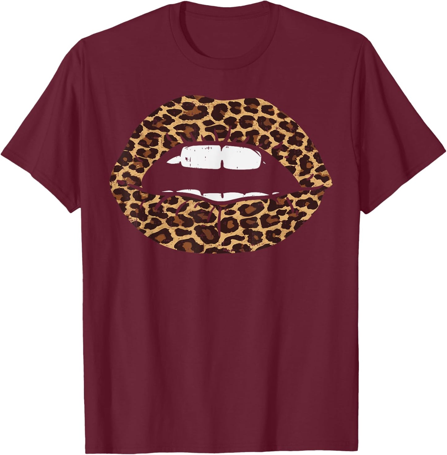 Leopard Print Lips Sexy Mouth Kiss Animal Lover Women T-Shirt - T-Shirt | Maroon