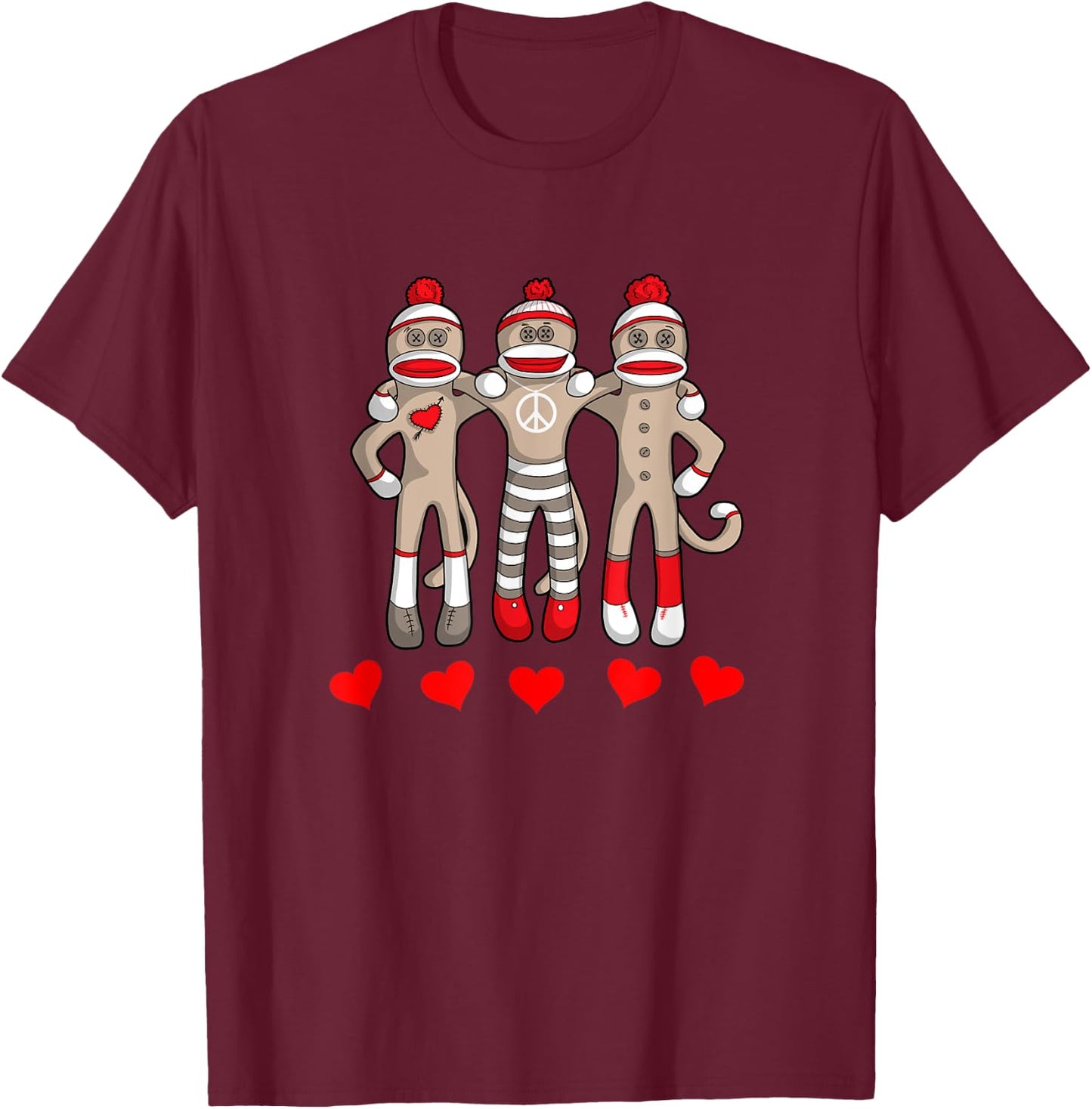 Sock Monkey Happy Valentine's Day Heart Peace Love Friends T-Shirt - T-Shirt | Maroon