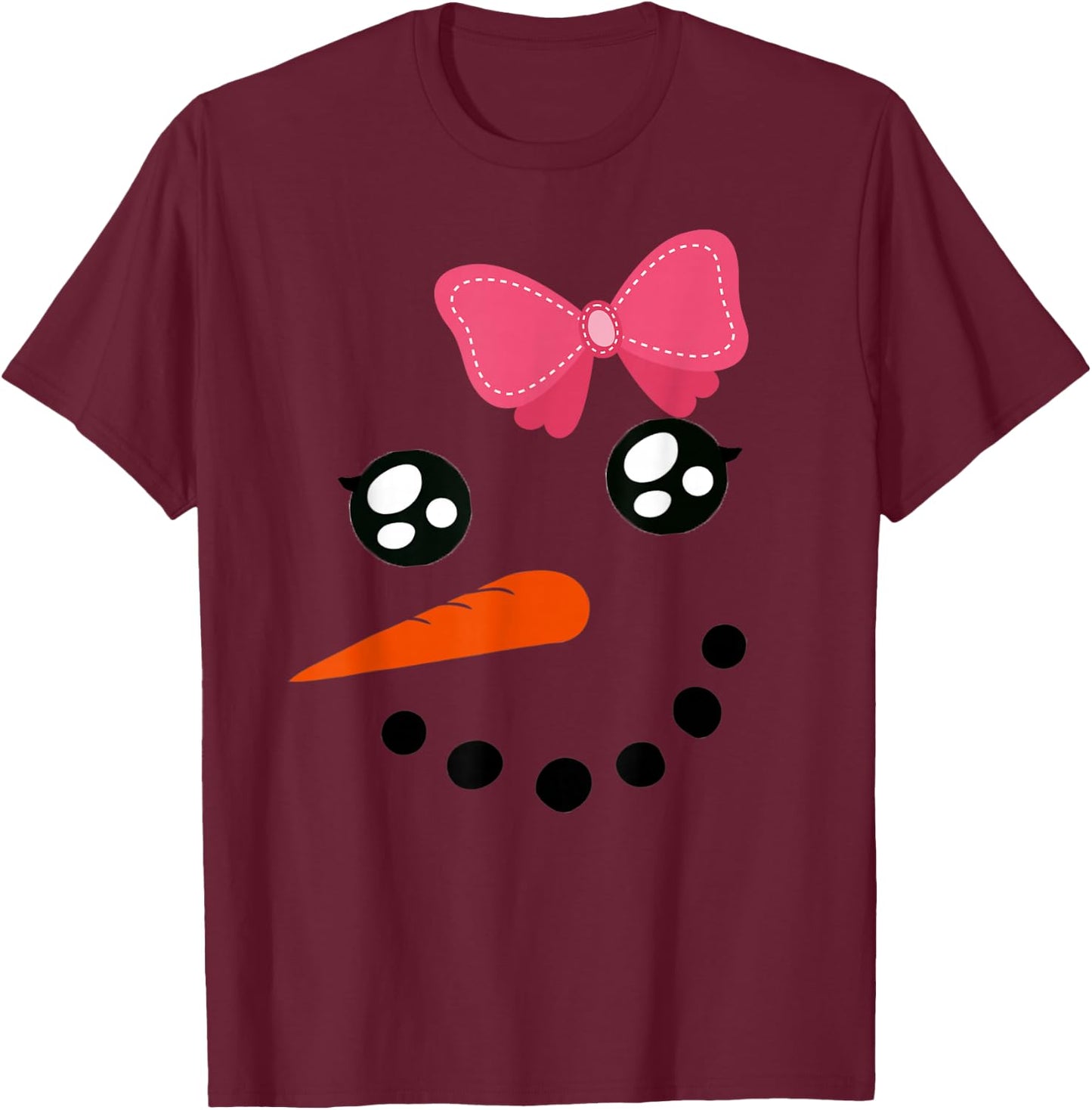 Snow Girl Shirt Snowman Face Carrot Nose Pink Bow T-Shirt - T-Shirt | Maroon