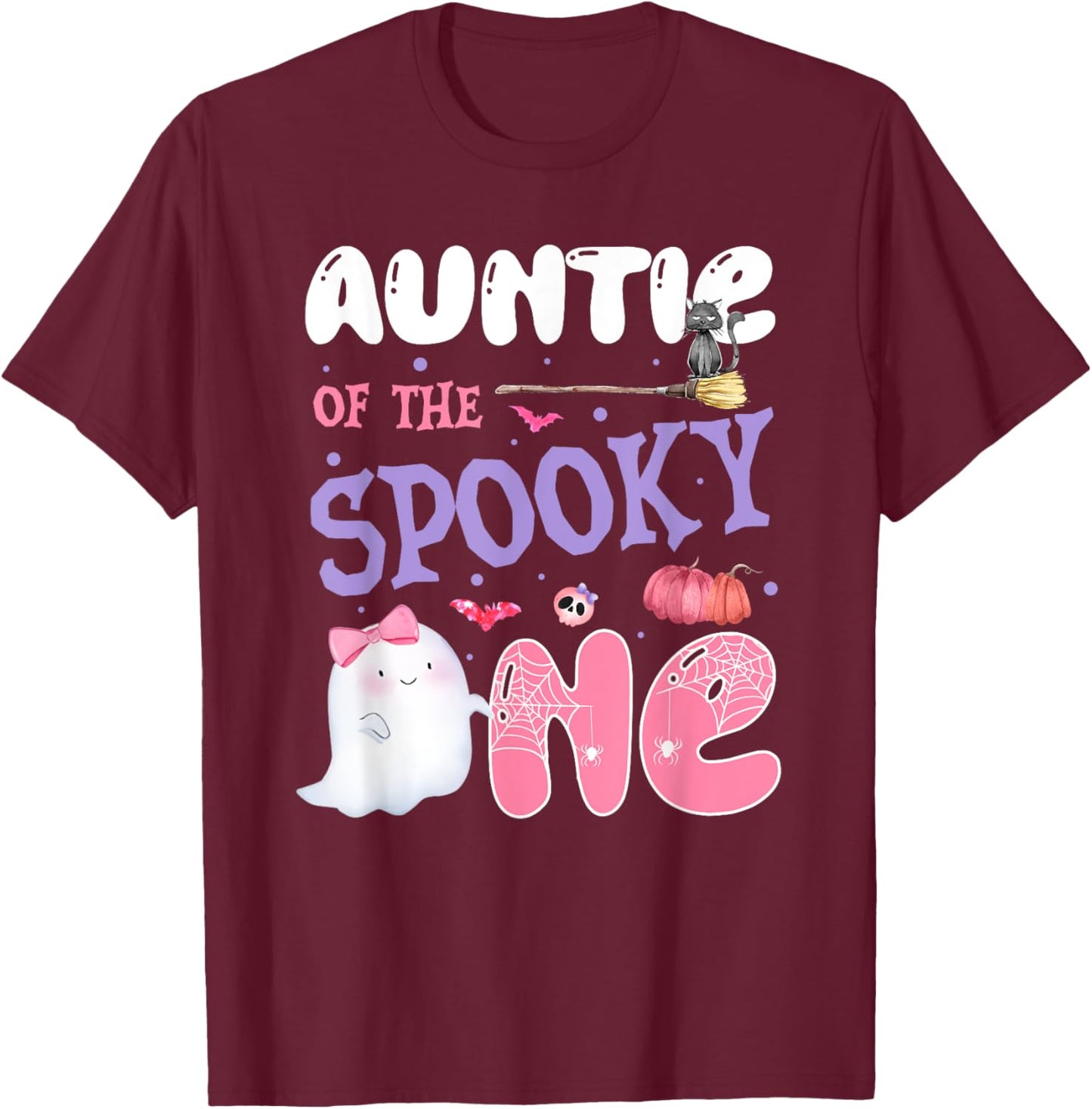 Auntie Of The Spooky One 1st Birthday Halloween Pink Ghost T-Shirt - T-Shirt | Maroon