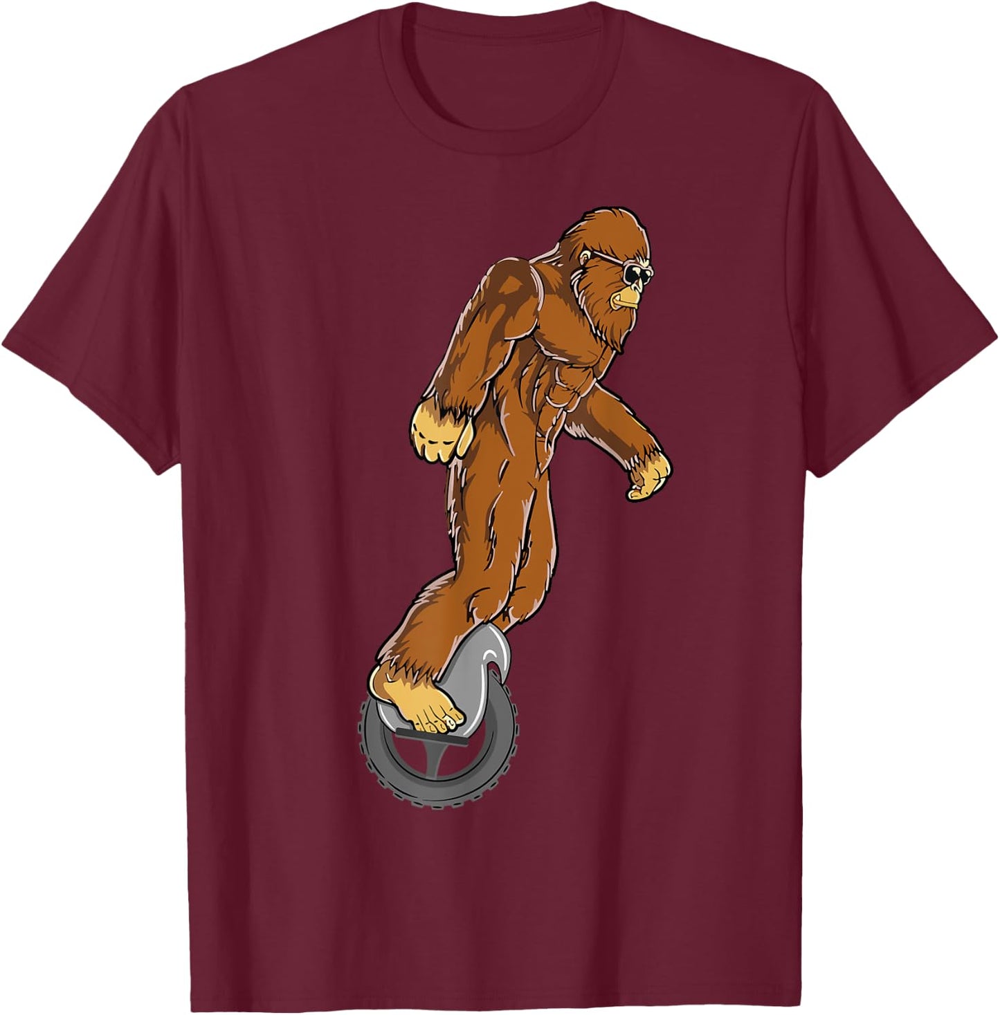 Sasquatch Bigfoot Funny Designs & Women Bigfoot on Electric Unicycle EUC Monowheel Airwheel Funny T-Shirt - T-Shirt | Maroon
