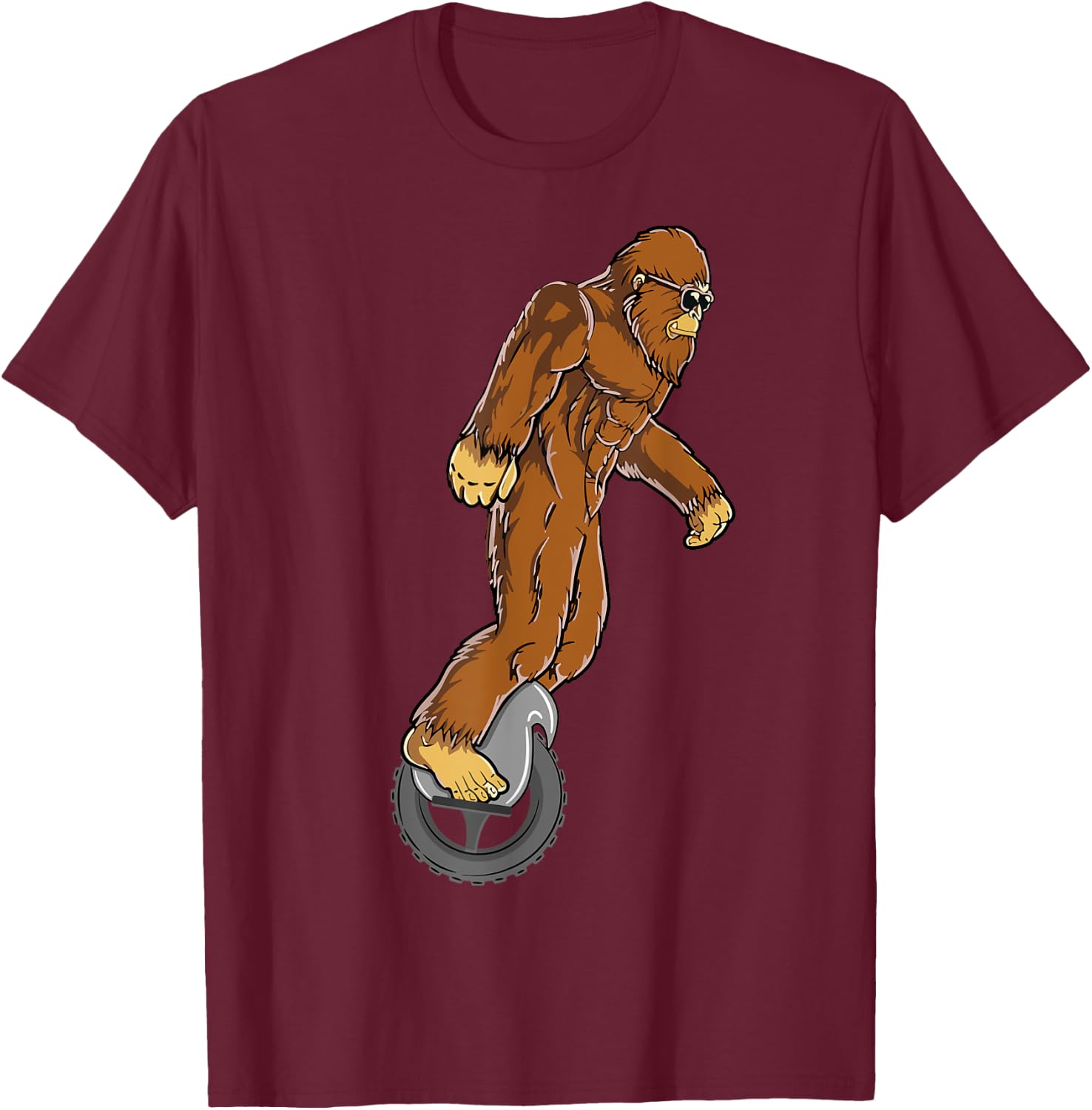 Sasquatch Bigfoot Funny Designs & Women Bigfoot on Electric Unicycle EUC Monowheel Airwheel Funny T-Shirt - T-Shirt | Maroon