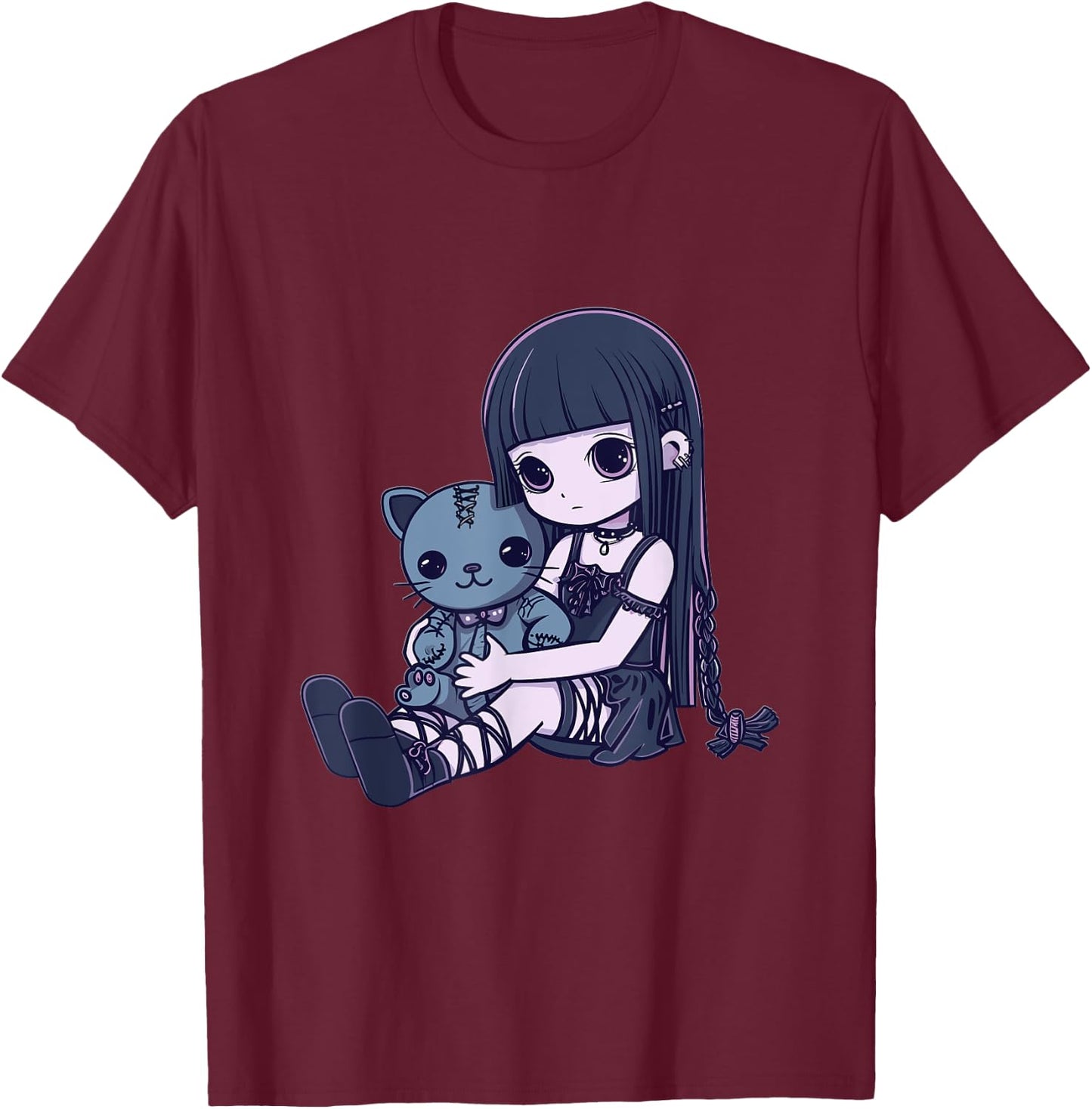 Goth Pastel Kawaii Anime Girl with Voodoo doll Teddy Cat T-Shirt - T-Shirt | Maroon