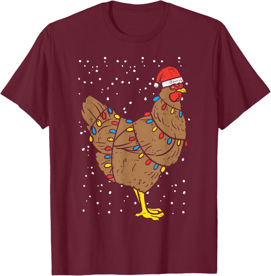 Chicken Santa Hat Christmas Lights Funny Xmas Animal PJ T-Shirt - T-Shirt | Maroon