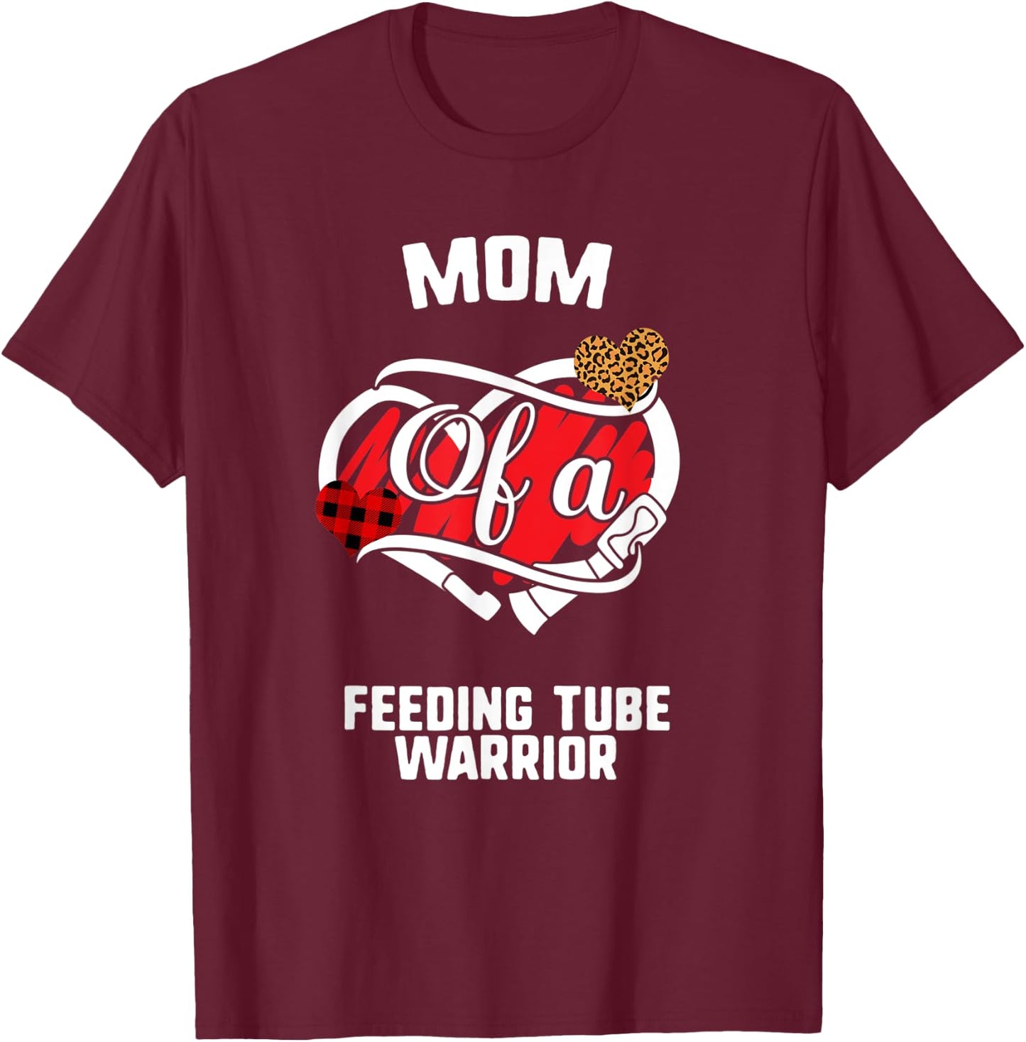 Mom Feeding Tube Awareness Leopard Buffalo Plaid Family Gift T-Shirt - T-Shirt | Maroon