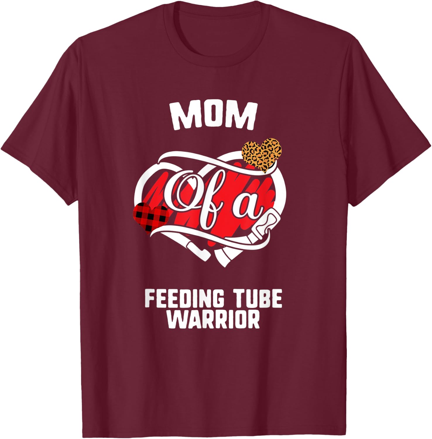 Mom Feeding Tube Awareness Leopard Buffalo Plaid Family Gift T-Shirt - T-Shirt | Maroon