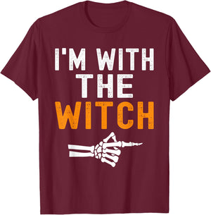 I'm With The Witch Funny Skeleton Halloween Matching Couple T-Shirt - T-Shirt | Maroon