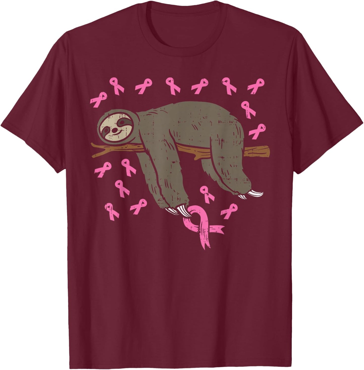 Lazy Sloth Pink Ribbon Breast Cancer Awareness Support Gift T-Shirt - T-Shirt | Maroon