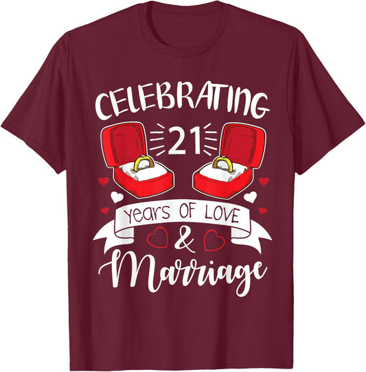 Celebrating 21 Years Of Love & Marriage Happy Husband Wife T-Shirt - T-Shirt | Maroon