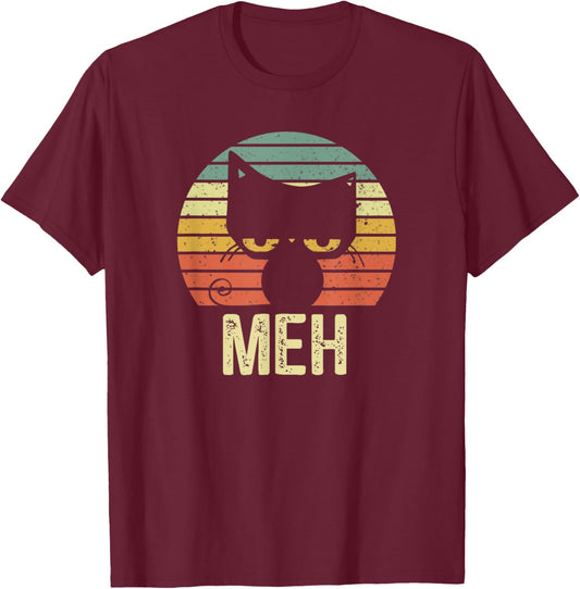 Meh Cat Retro Vintage T-Shirt - T-Shirt | Maroon