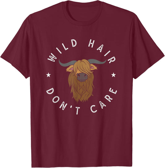 Wildes Haar ist mir egal Funny Scottish Highland Cow T-Shirt - T-Shirt | Maroon