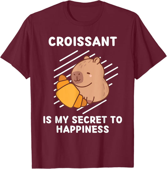Cute Capybara Croissant Is My Secret To Happiness Capybara T-Shirt - T-Shirt | Maroon