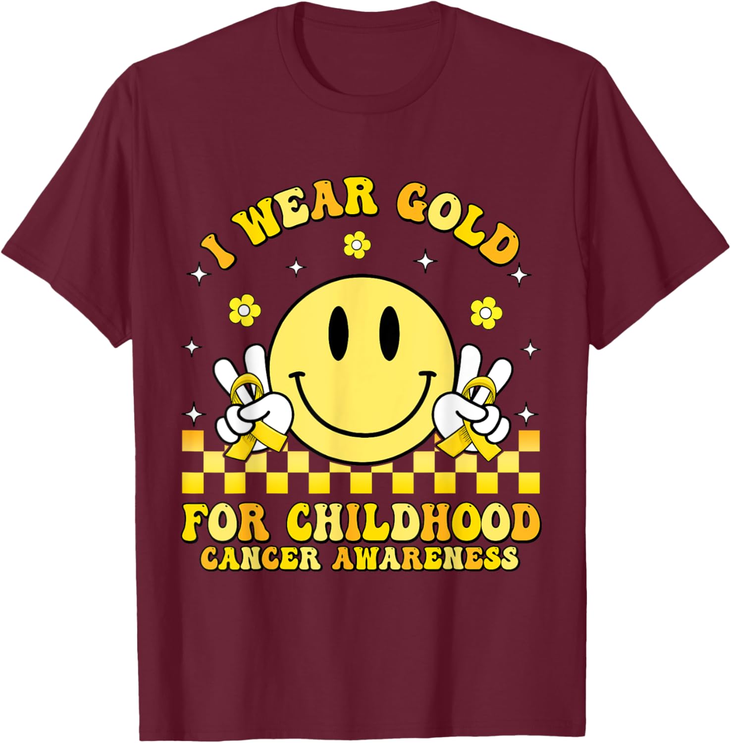 Groovy Retro Smile Face I Wear Gold For Childhood Cancer T-Shirt - T-Shirt | Maroon