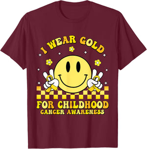 Groovy Retro Smile Face I Wear Gold For Childhood Cancer T-Shirt - T-Shirt | Maroon