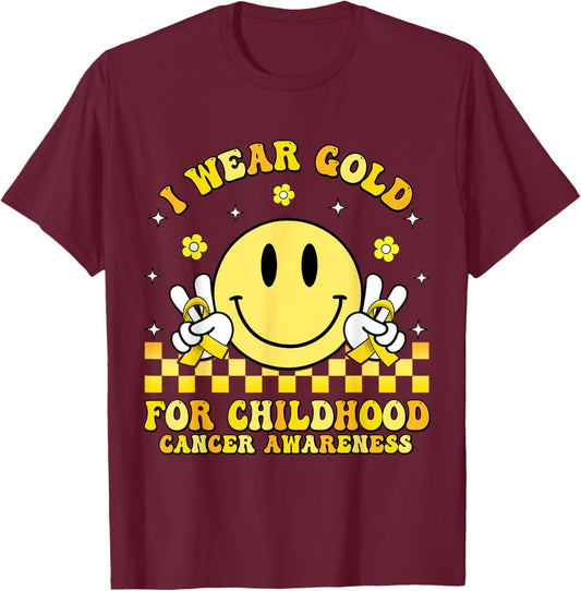 Groovy Retro Smile Face I Wear Gold For Childhood Cancer T-Shirt - T-Shirt | Maroon