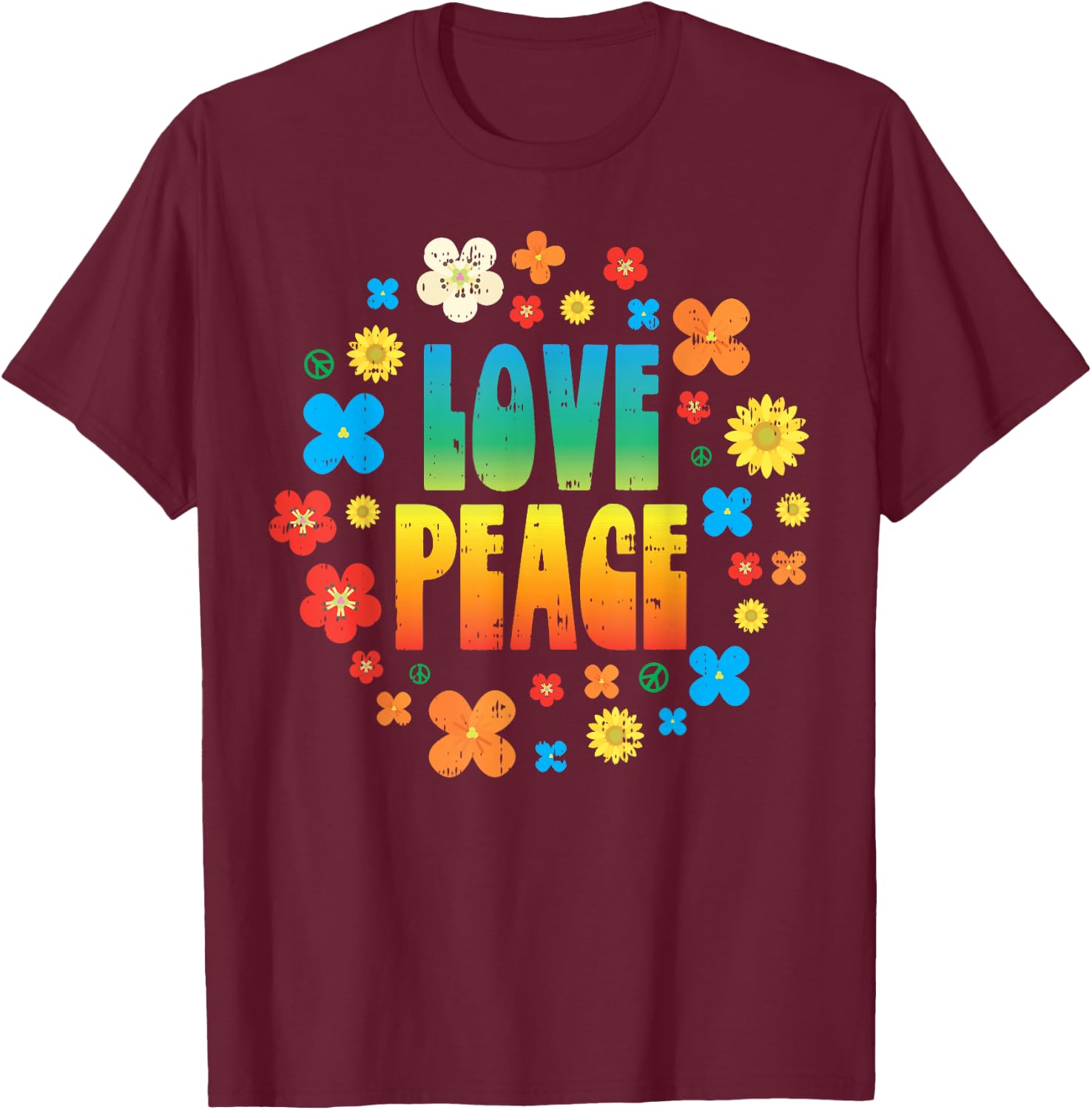 Love Peace Flowers Vintage 80s Floral Hippie Hippi Hippy T-Shirt - T-Shirt | Maroon