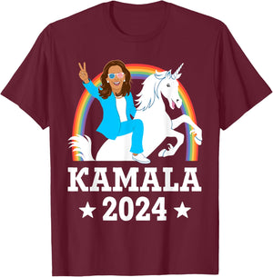 Kamala 2024 - Kamala Harris Riding Unicorn Funny T-Shirt - T-Shirt | Maroon