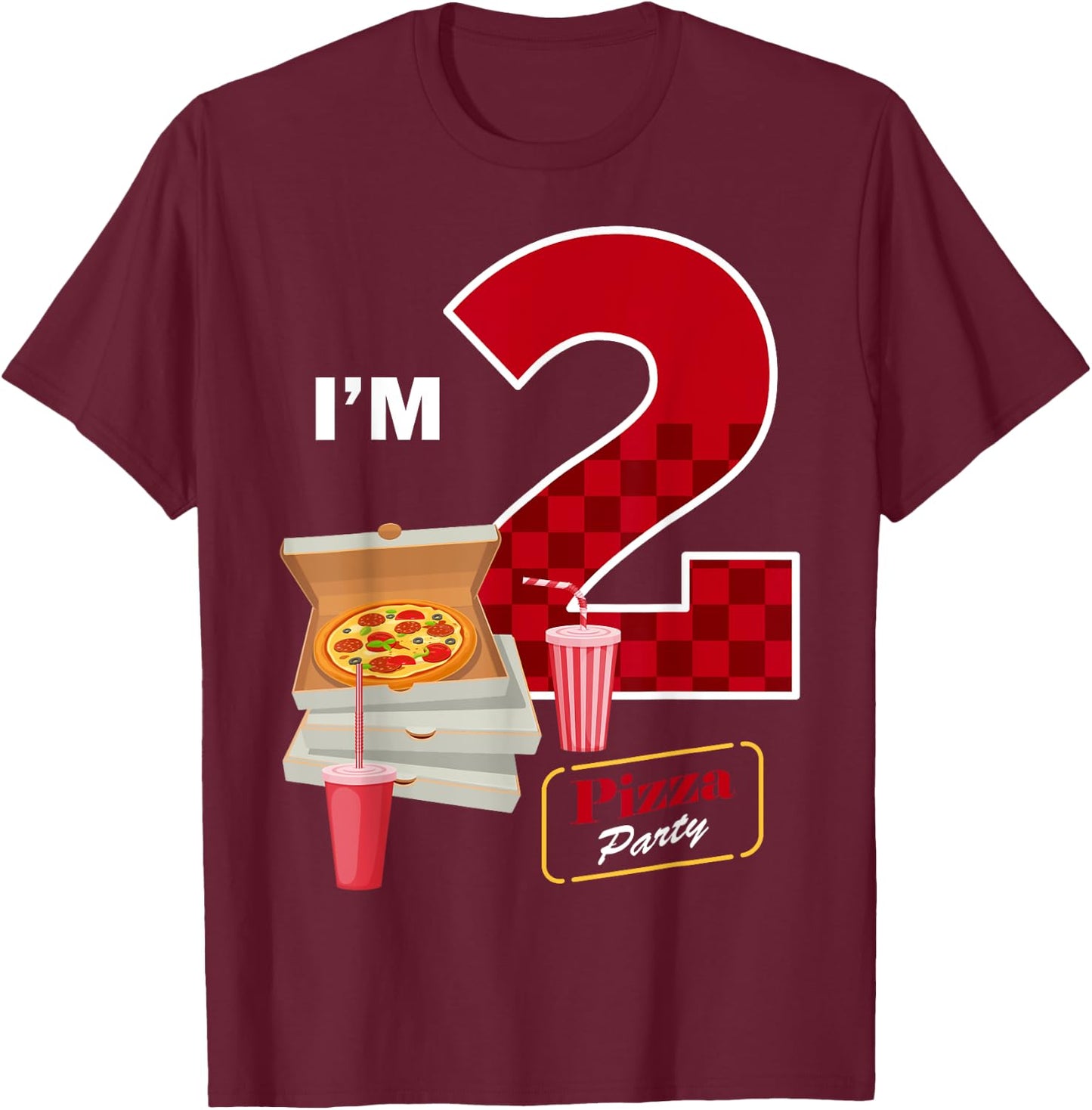 2nd Birthday Pizza Theme 2 Year Old Funny B-Day Matching T-Shirt - T-Shirt | Maroon