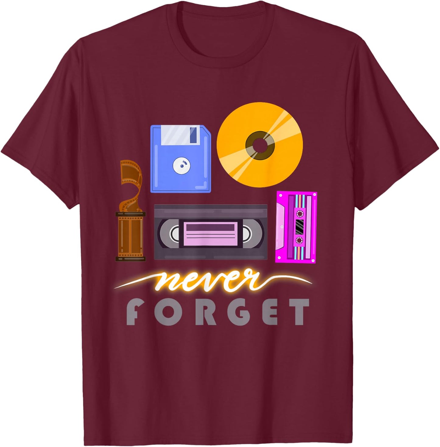 A Good Apparel Co. Never Forget Retro Vintage Cassette Tape Floppy Disk VHS CD -Adults T-Shirt - T-Shirt | Maroon