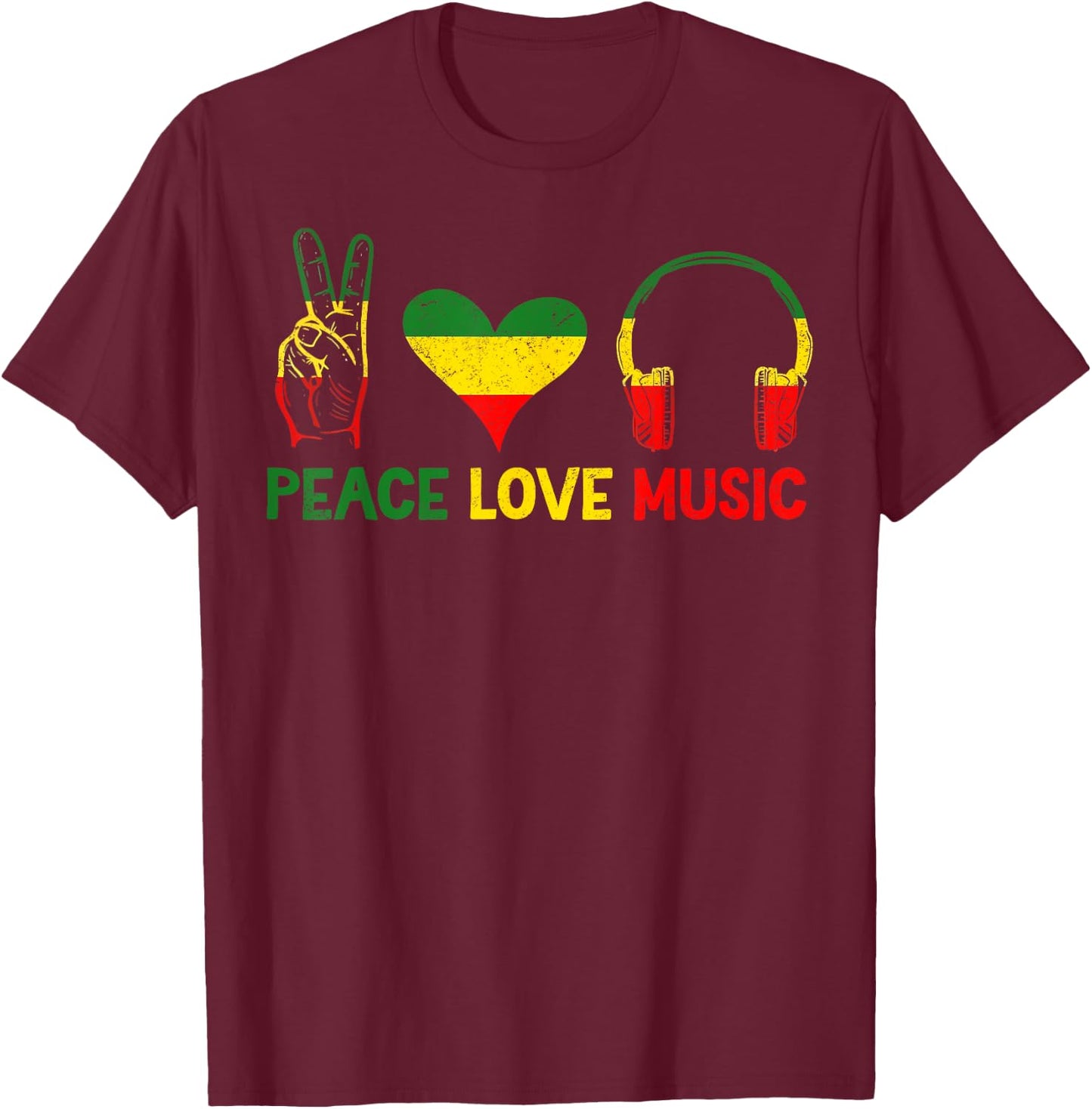 Love Peace Music Jamaican Roots Rasta Flag Colors Reggae T-Shirt - T-Shirt | Maroon