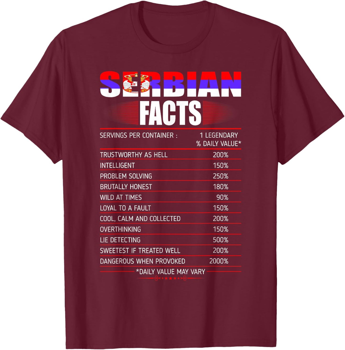 Serbian Facts Servings Per Container Country Gift T-Shirt - T-Shirt | Maroon