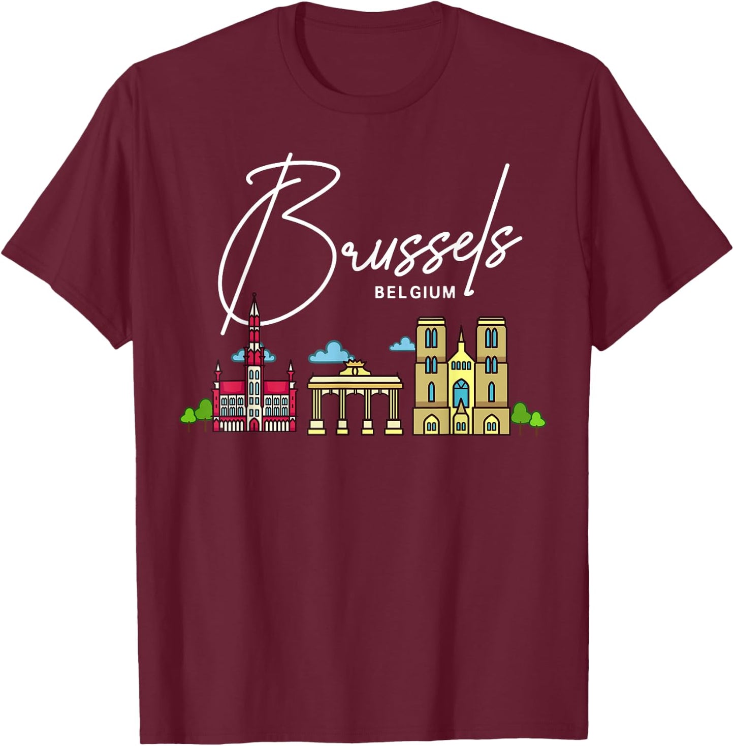 Brussels Belgium City Skyline Map Travel T-Shirt - T-Shirt | Maroon