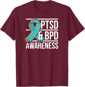 PTSD & BPD Awareness, Teal and Grey Ribbon T-Shirt - T-Shirt | Maroon